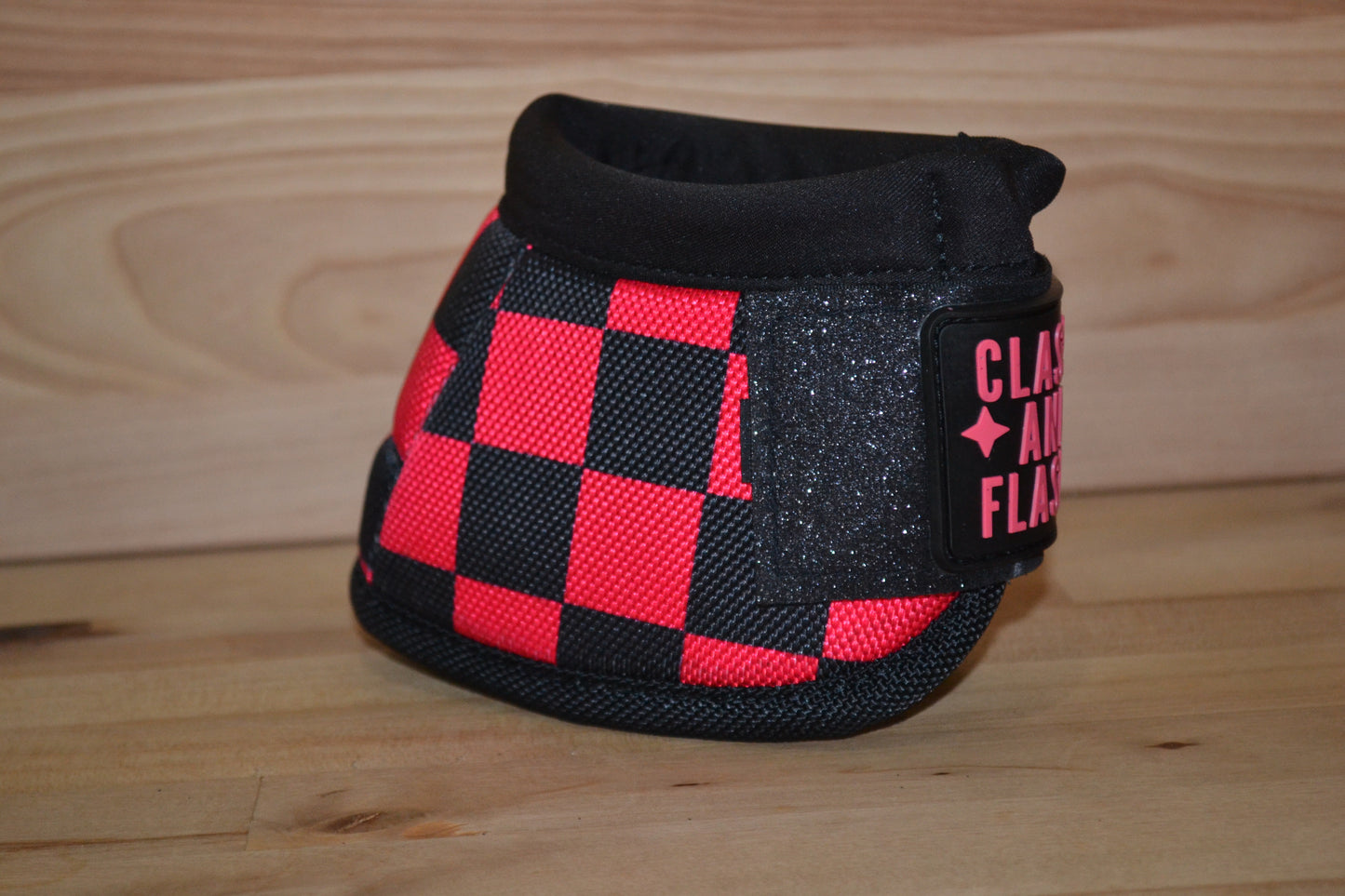 Pink Black Checker with Black Sparkle Straps Bell Boots