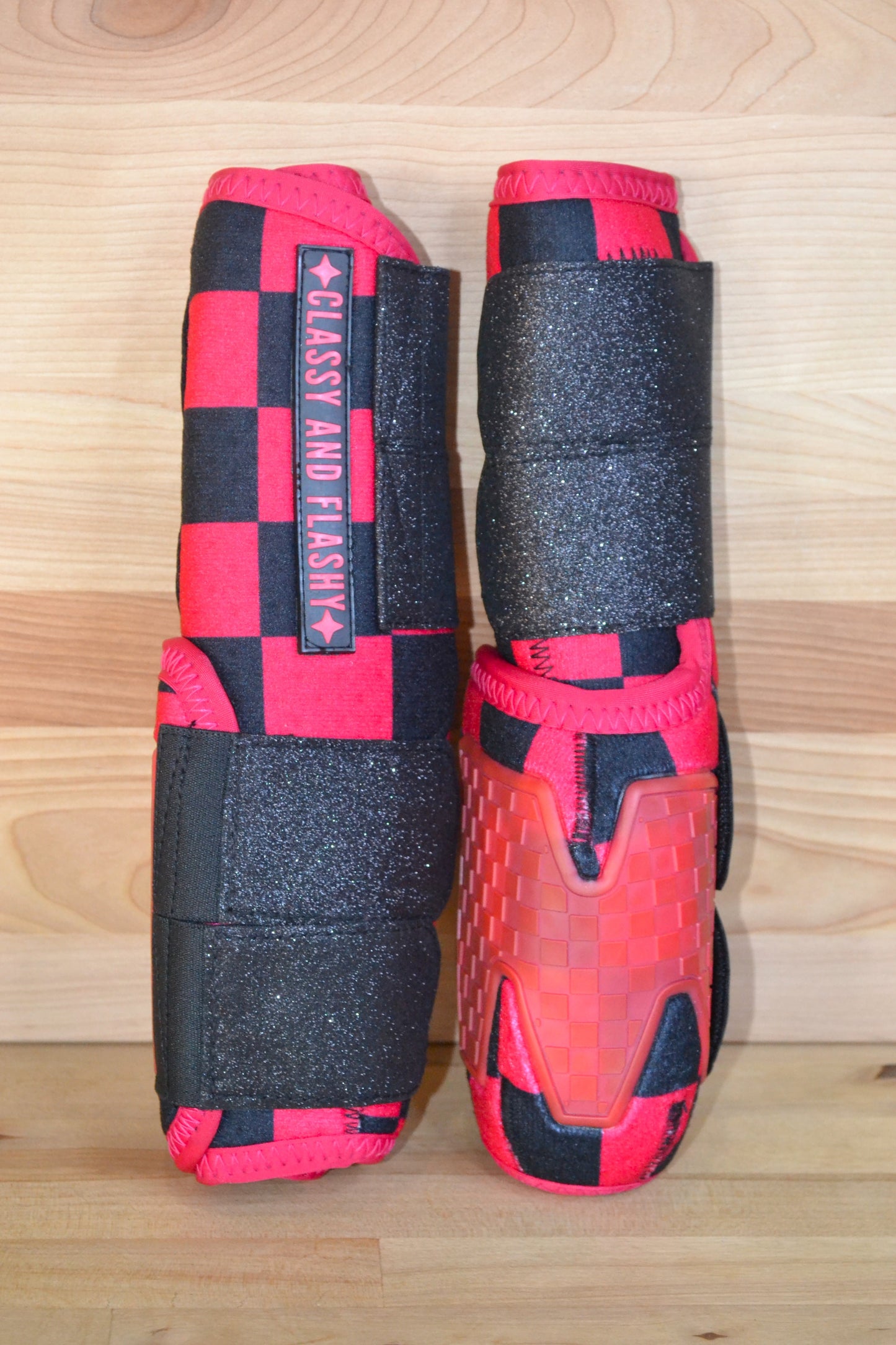 Pink Black Checker with Black Sparkle Straps Splint Boots