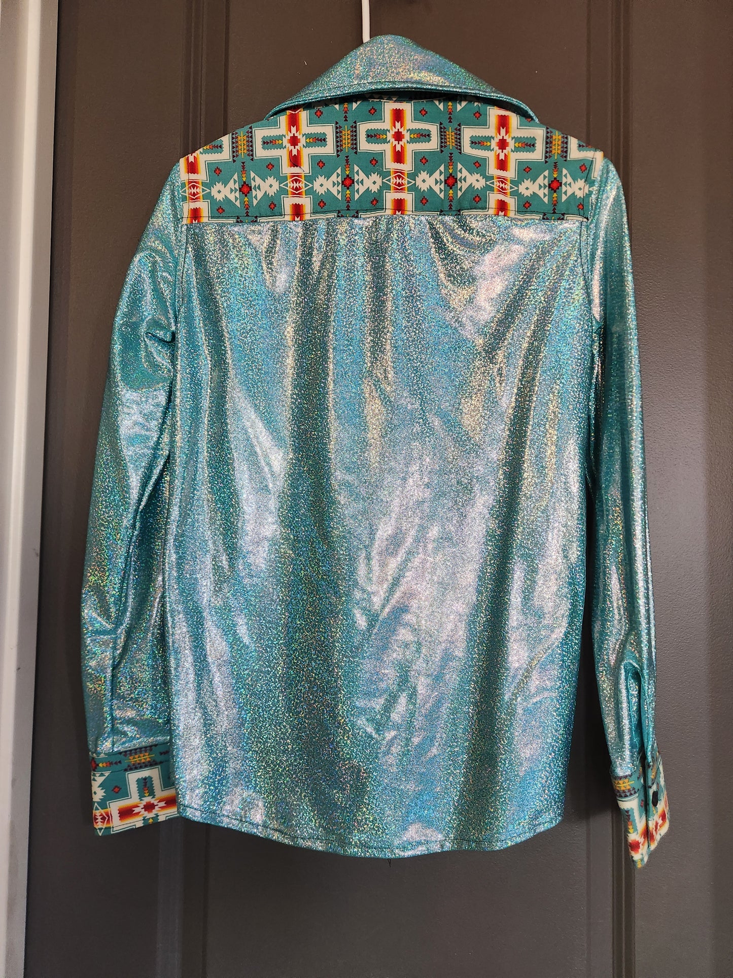 Thunderbird Rodeo Shirt Teal Holographic Aztec Size Medium