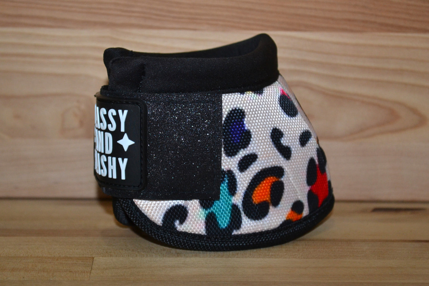 Rainbow Colorful Cheetah with Black Sparkle Straps Bell Boots