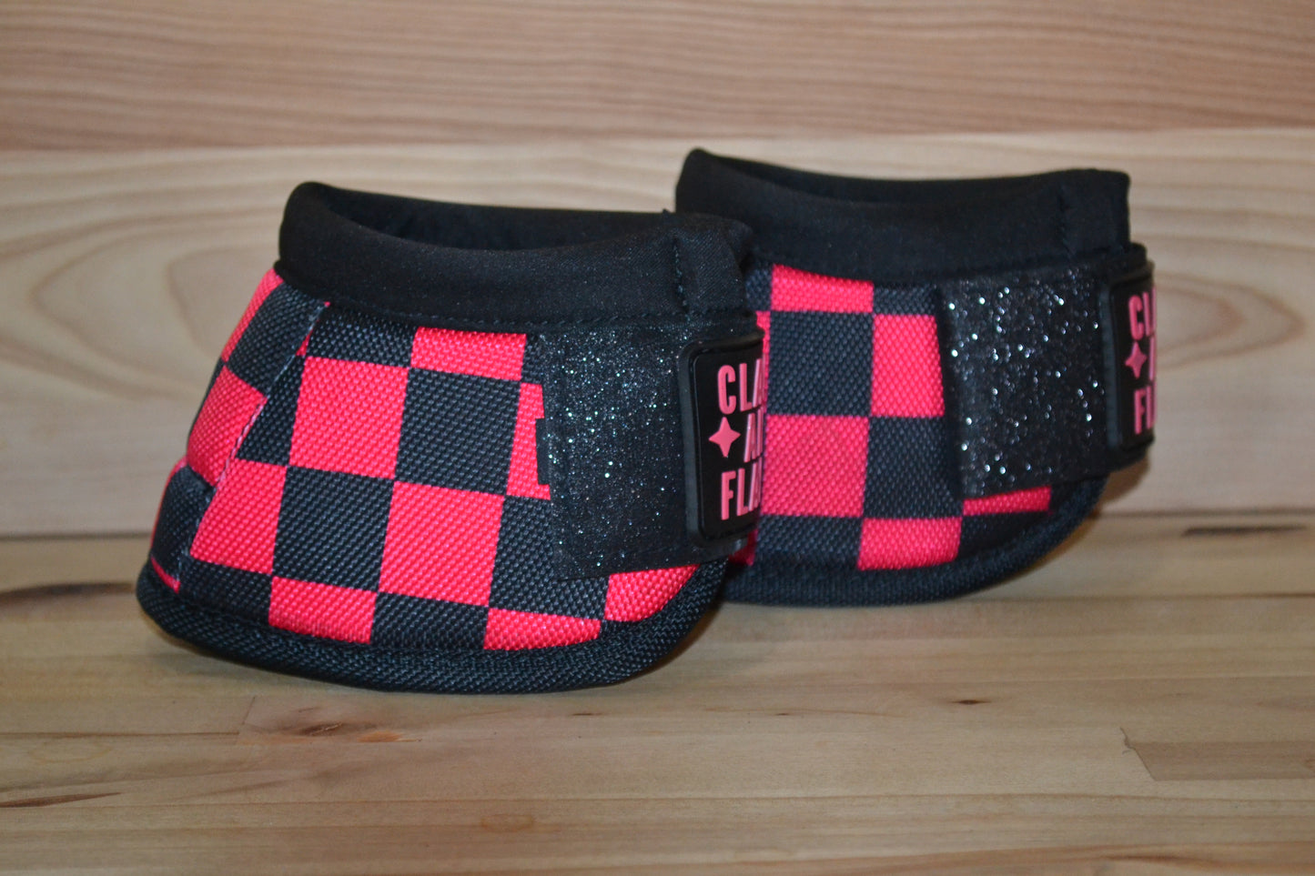 Pink Black Checker with Black Sparkle Straps Bell Boots