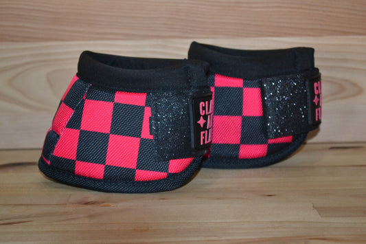 Pink Black Checker with Black Sparkle Straps Bell Boots