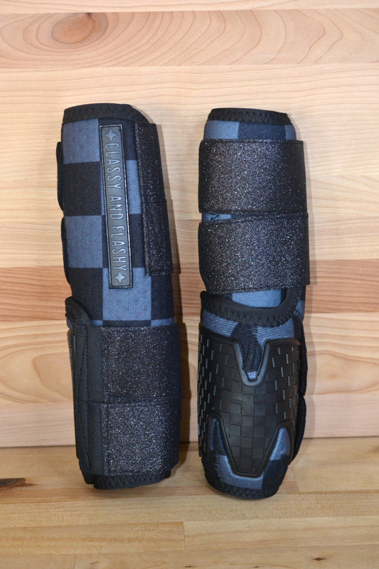 Black Checker with Black Sparkle Straps Splint Boots