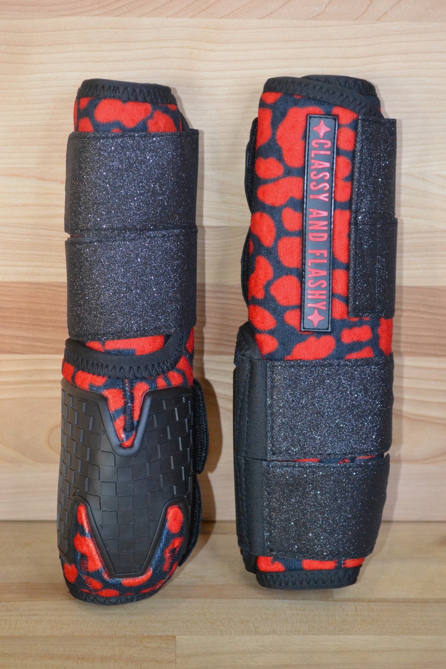 Red Cheetah with Black Sparkle Straps Splint Boots