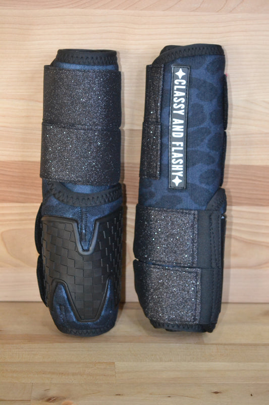 Black Cheetah with Black Sparkle Straps Splint Boots