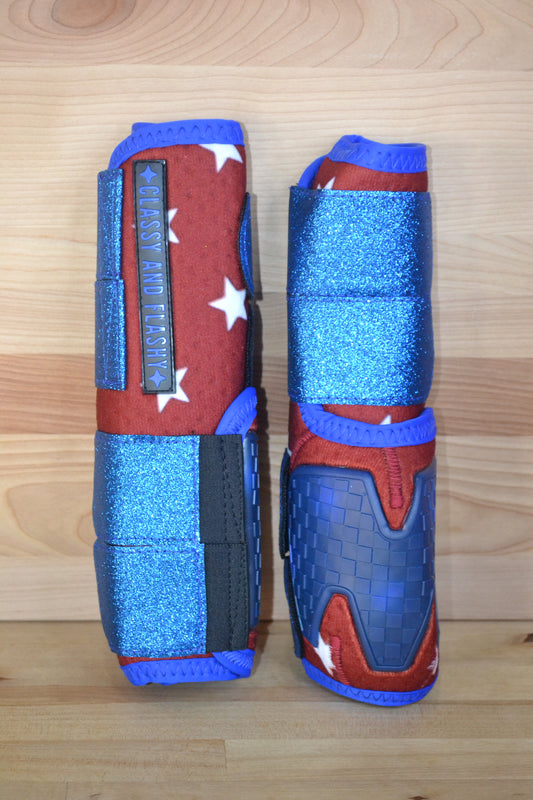 Red Stars with Blue Sparkle Straps Splint Boots