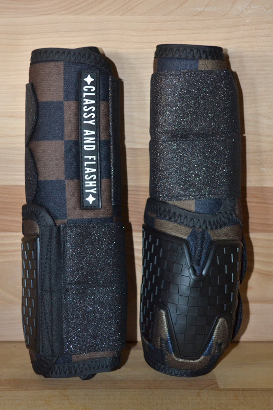 Brown Black Checker with Black Sparkle Straps Sport Boots