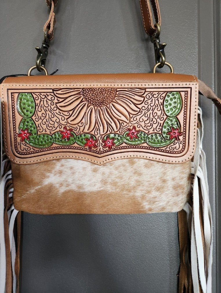 Myra Glossy moss leather sunflower cactus tooled cowhide fringe purse crossbody