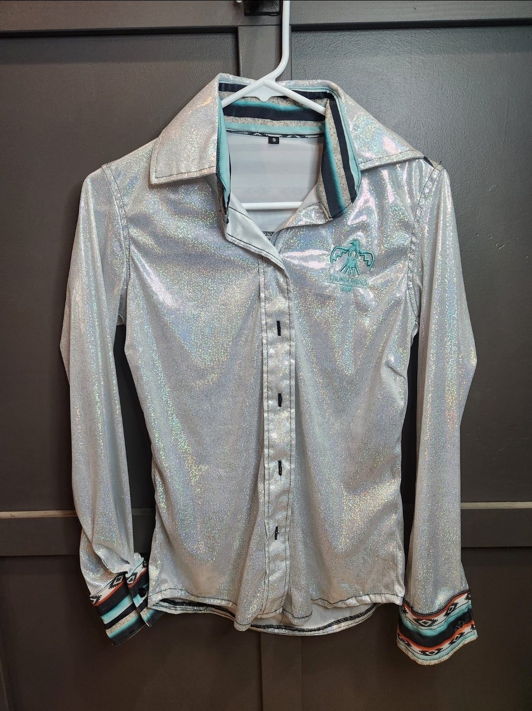 Thunderbird Rodeo Shirt White holo with aztec Size Small