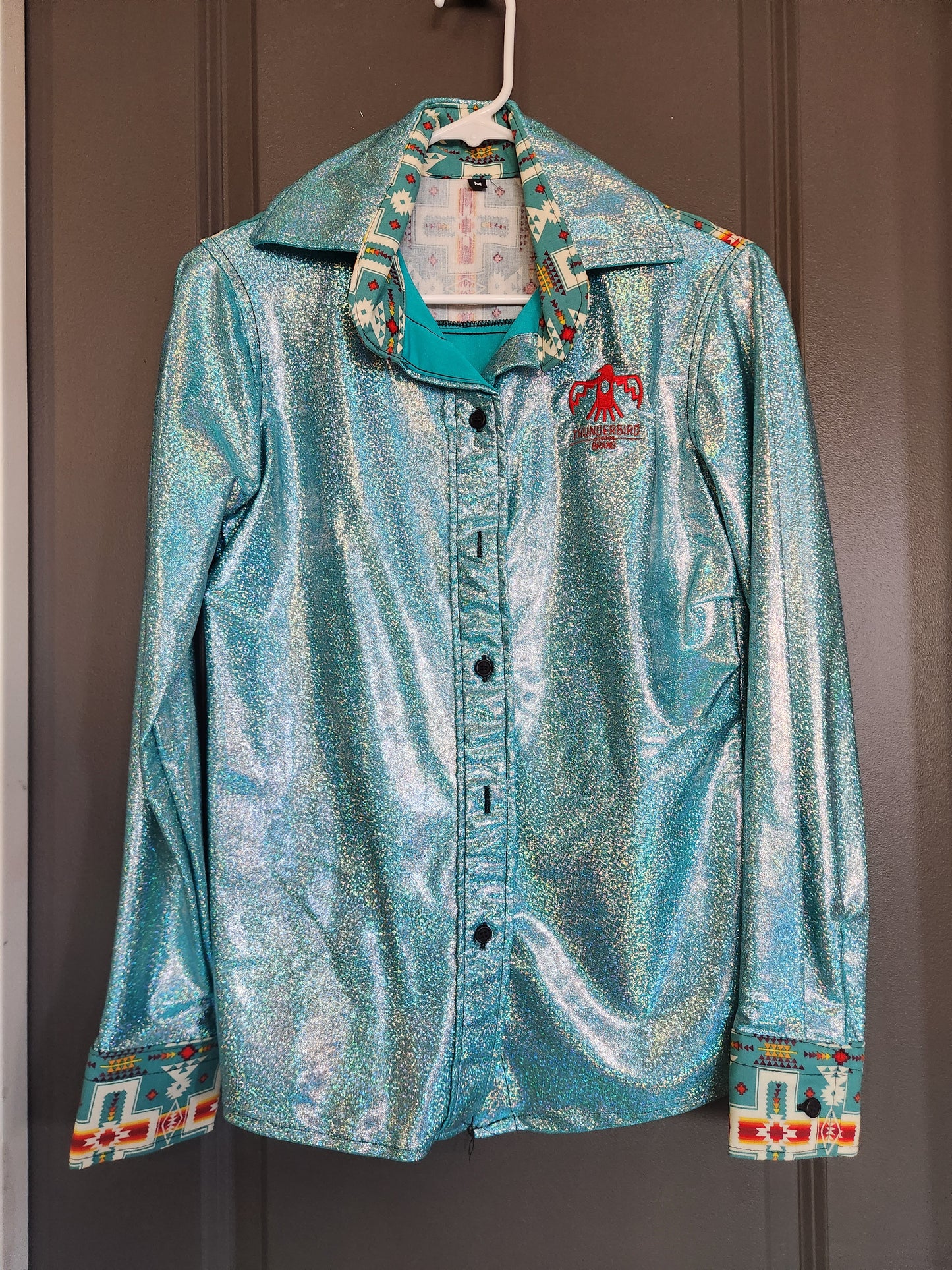 Thunderbird Rodeo Shirt Teal Holographic Aztec Size Medium