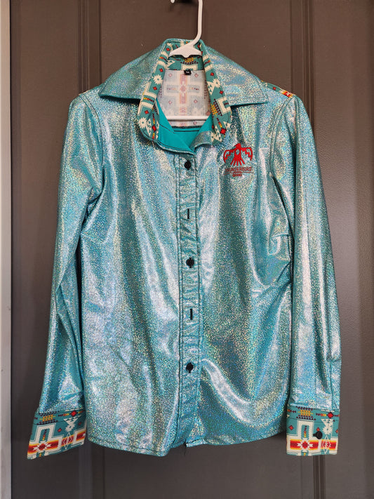 Thunderbird Rodeo Shirt Teal Holographic Aztec Size Medium